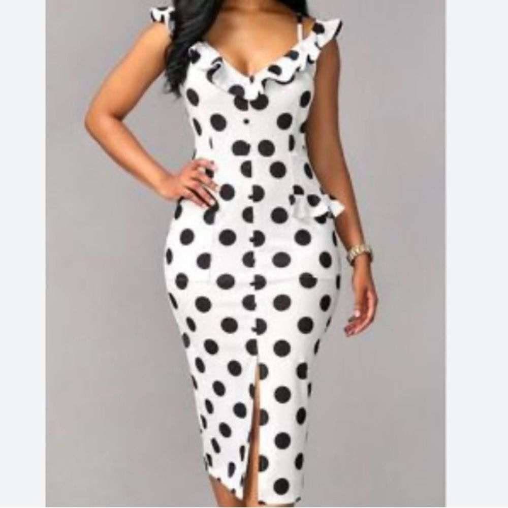 NICHOLAS Black Polka Dot on White Ruffled Midi Dress - Picture 6 of 16